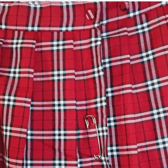 Red Plaid Pleated Mini-Mini Skirt With Front Button And Safety Pin Closure - Picture 2 of 3